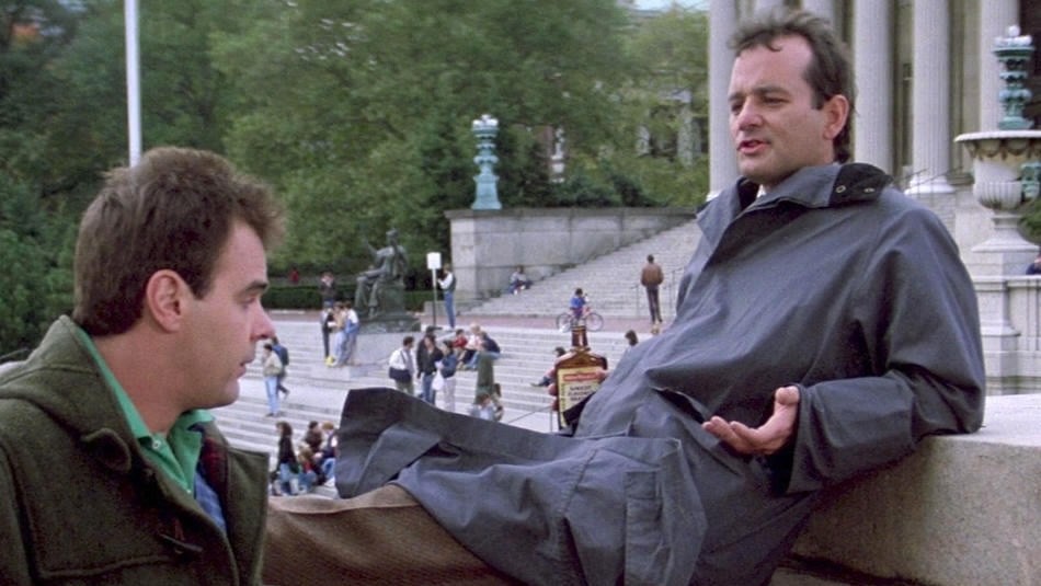 Dan Ackroyd and Chevy Chase in a scene from Ghostbusters filmed at Columbia University